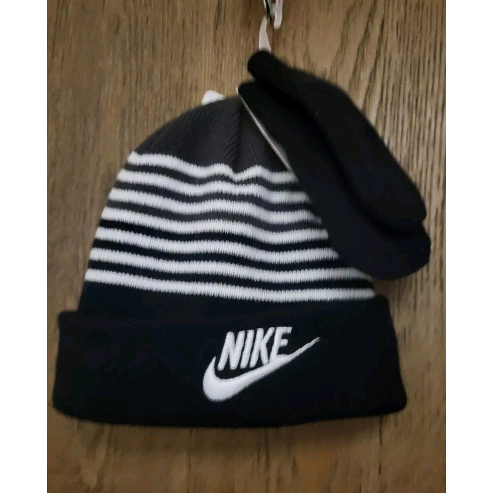 Nike Toddler Boys Striped Hat and Mittens 2 Piece Set Black White Gray 12/24M